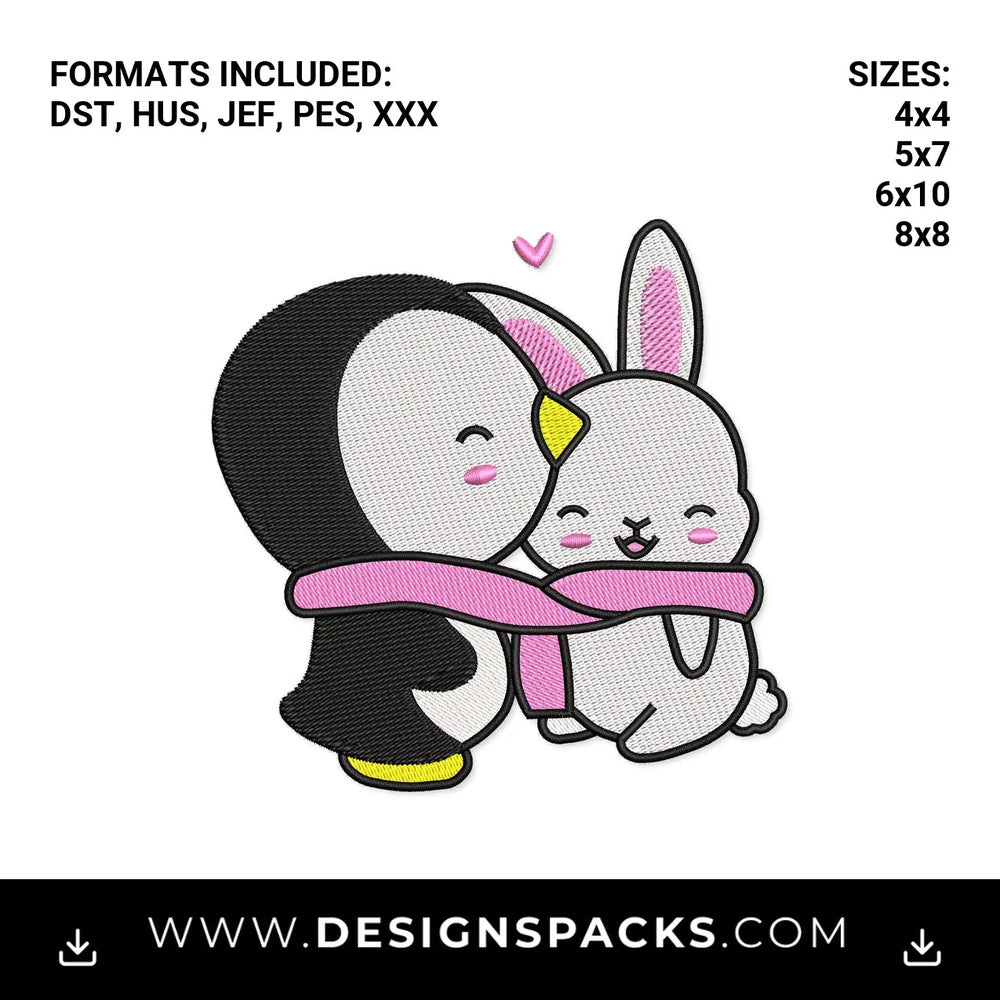 Cute Penguin Hugging Bunny Rabbit Embroidery Design - Instant digital download pattern at Designspacks.com