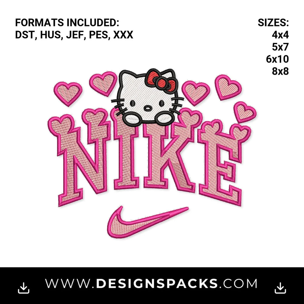 Cute Pink Hello Kitty Nike Hearts Swoosh Embroidery Design - Instant digital download pattern at Designspacks.com