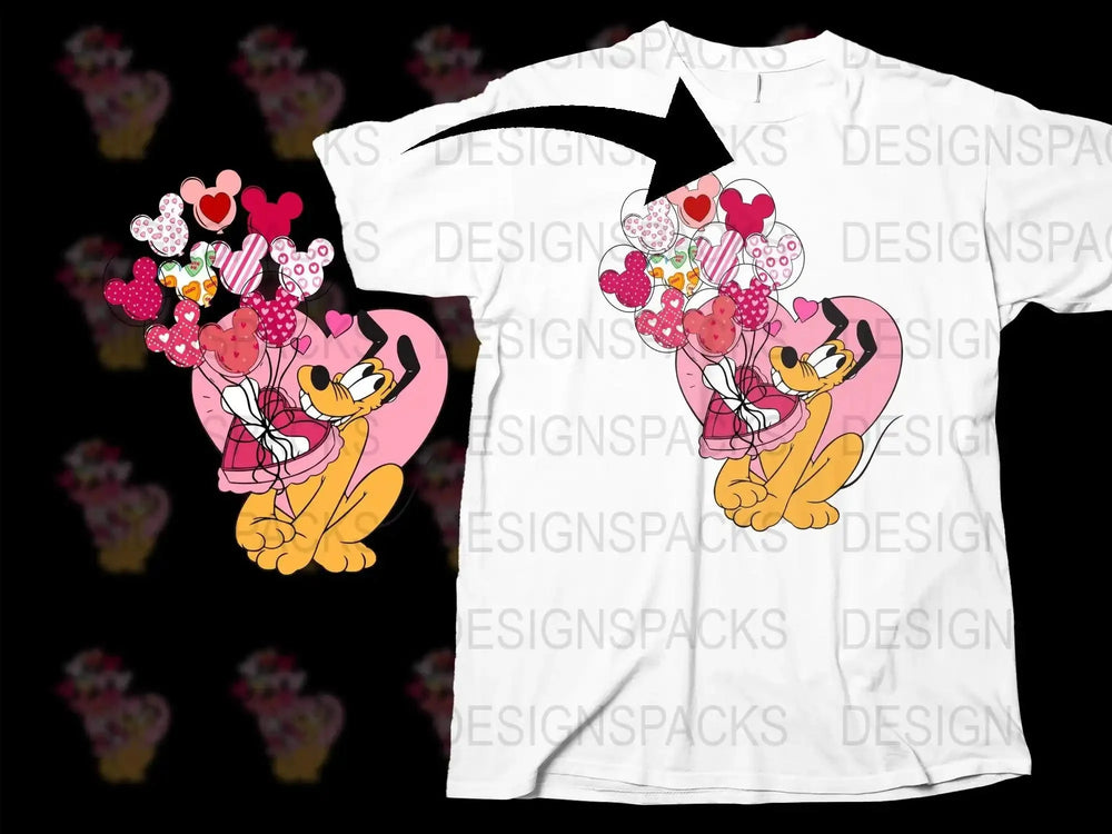 Cute Pluto Valentine Balloons Graphic Png Digital Download