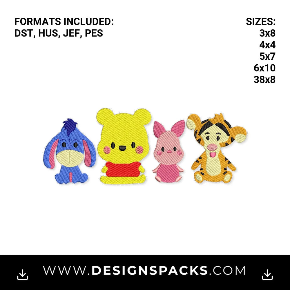 Cute Pooh Bear and Friends Lineup Embroidery Design - Instant digital download pattern at Designspacks.com