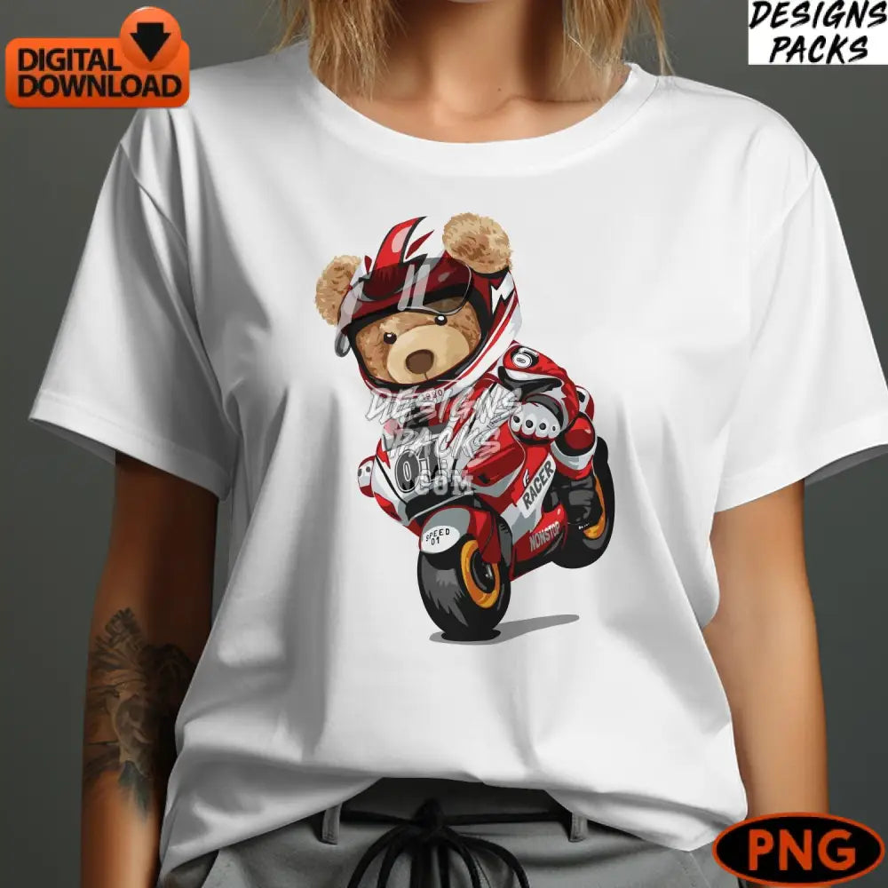 Cute Racing Bear Digital Print Cartoon Teddy On Motorcycle Kids Instant Download Png