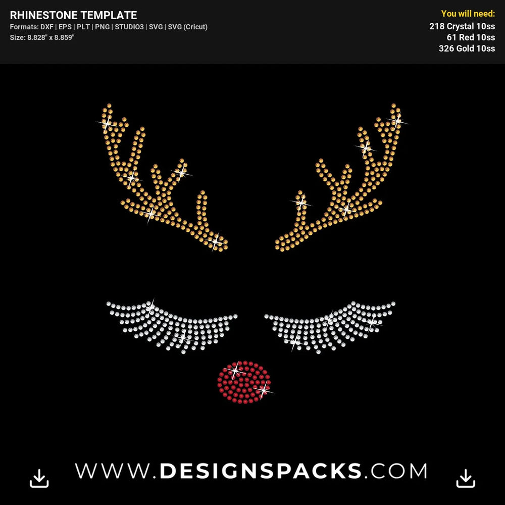 Cute Reindeer Face Christmas Rhinestone Digital Template