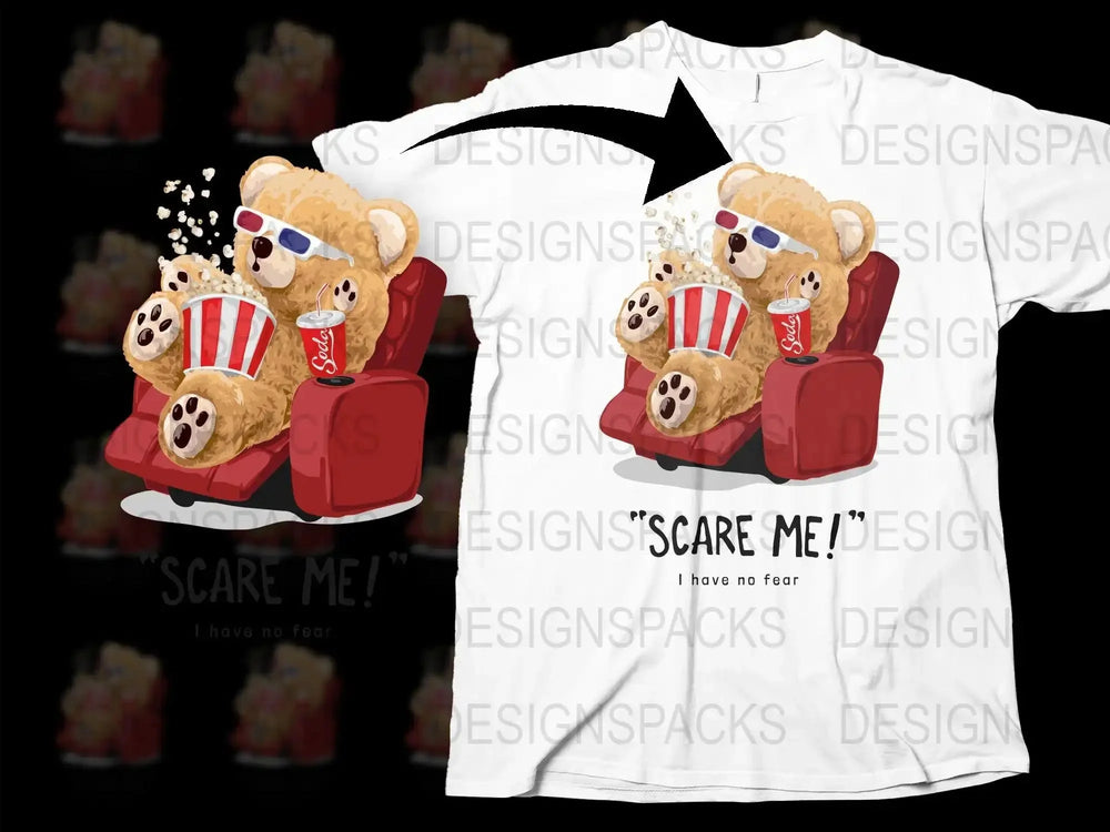 Cute Relaxed Bear with Popcorn and Soda Png Digital Download