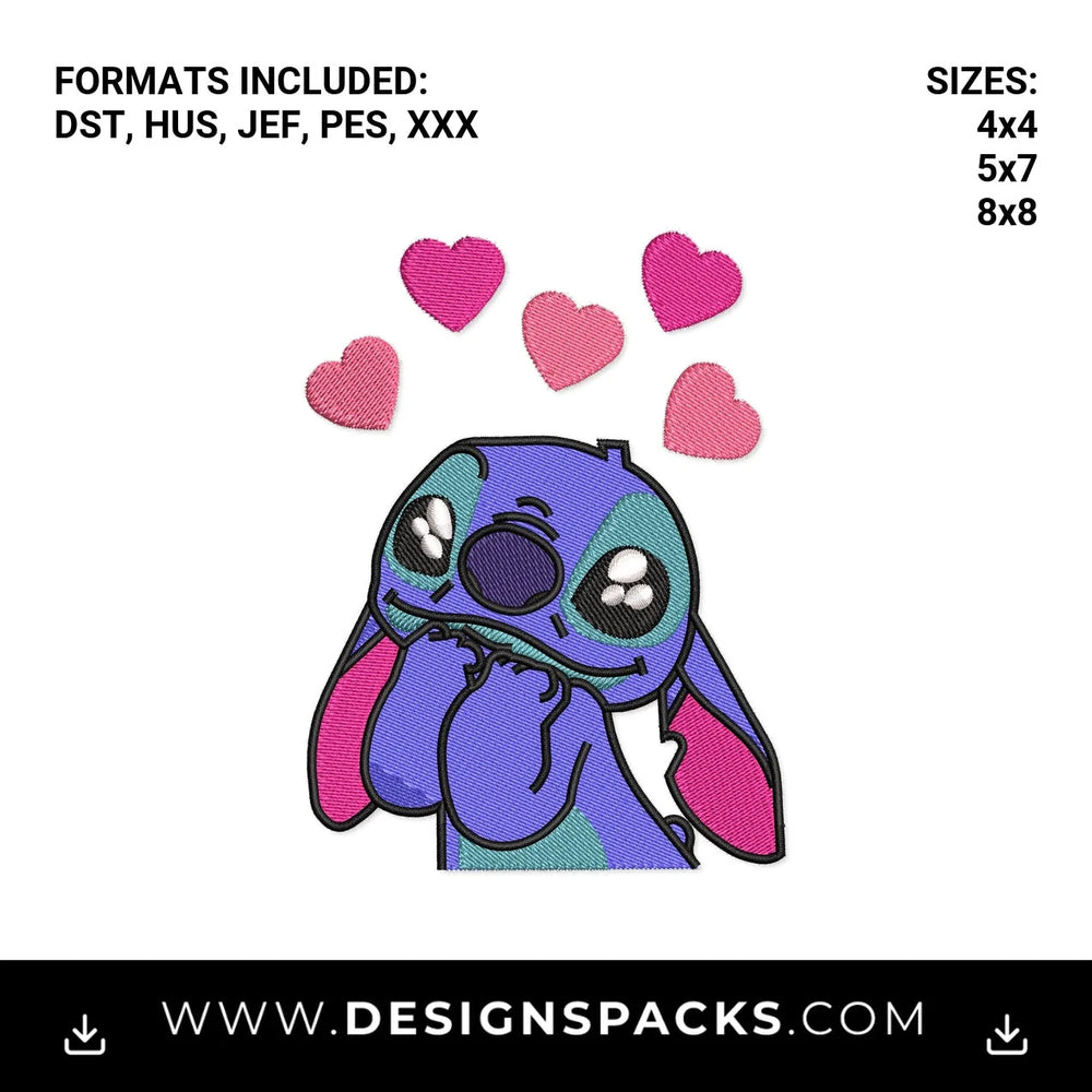 Cute Stitch In Love With Pink Hearts Embroidery Design - Instant digital download pattern at Designspacks.com