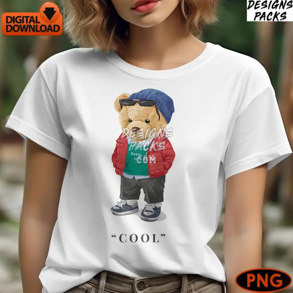 Cute Teddy Bear Digital Art Cool With Jacket And Hat Kids Printable Png File