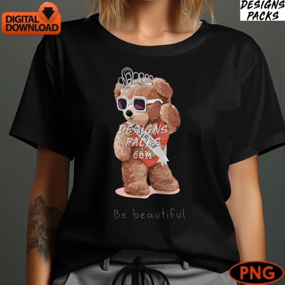 Cute Teddy Bear Digital Download Miss Lovely With Crown Png Sunglasses Printable Art