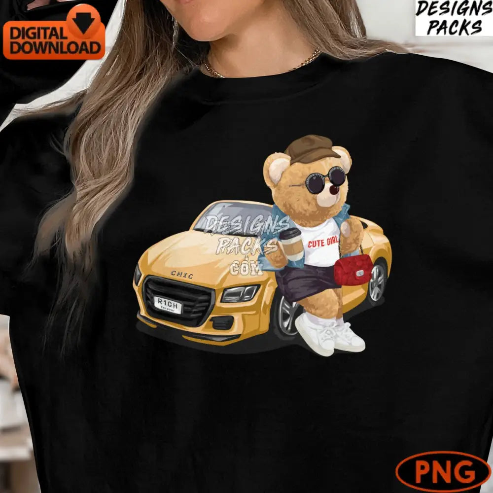 Cute Teddy Bear Driving A Car Fashionable With Coffee Digital Png Instant Download