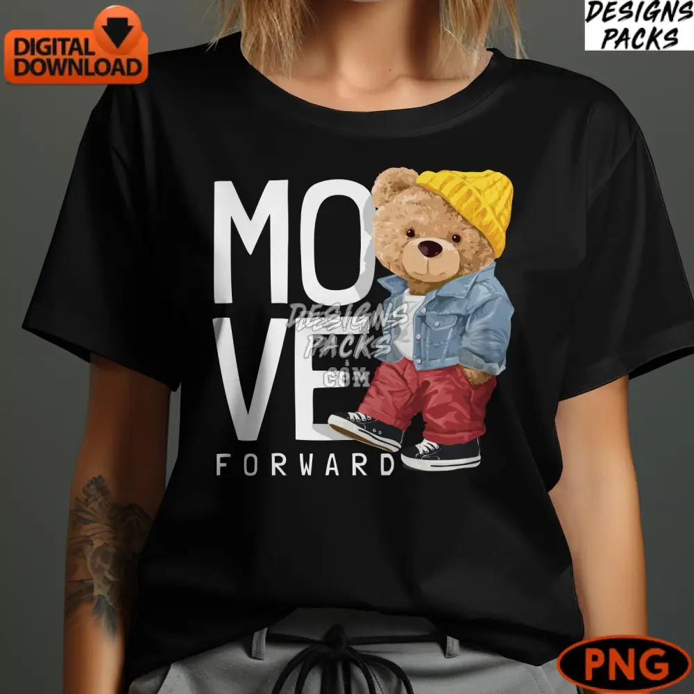 Cute Teddy Bear Illustration Fashionable Outfit Yellow Hat Jeans Jacket Digital Png Download