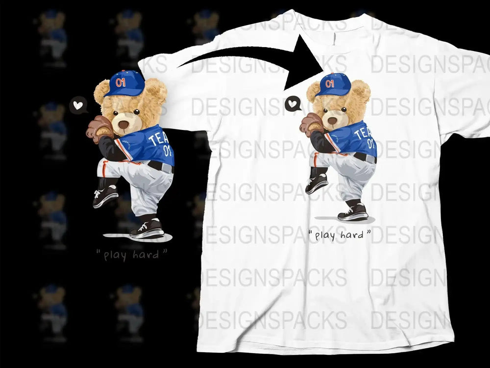 Cute Teddy Bear in Baseball Uniform Graphic Png Digital Download