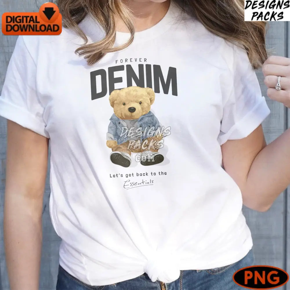 Cute Teddy Bear In Denim Jacket Digital Png Instant Download Stylish Clipart Graphic Kids
