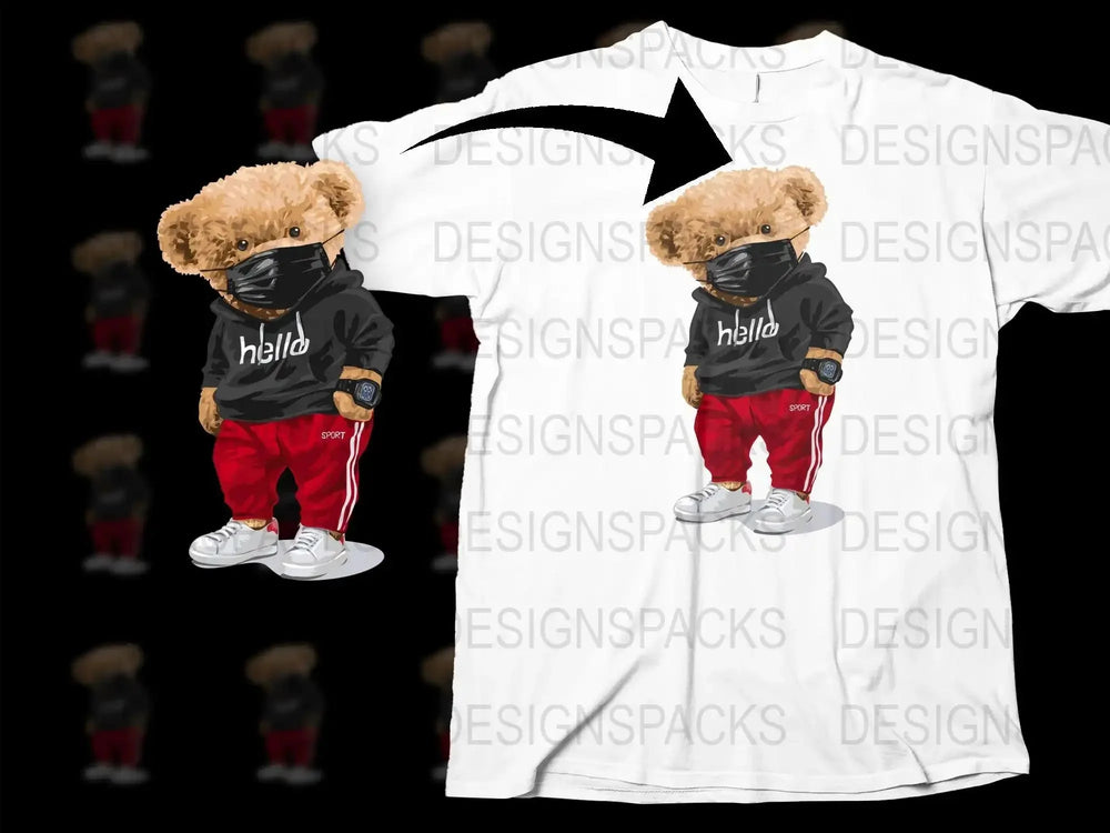 Cute Teddy Bear in Mask with Sporty Outfit Png Digital Download