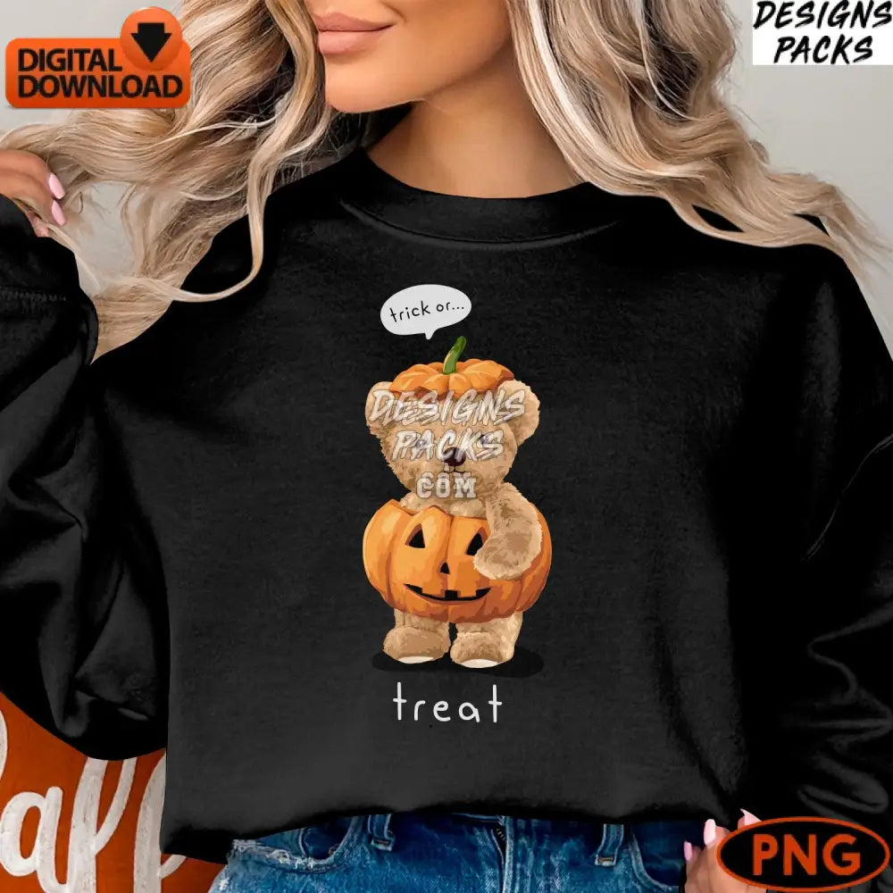 Cute Teddy Bear In Pumpkin Costume Digital Print Trick Or Treat Halloween Png Instant Download Fall