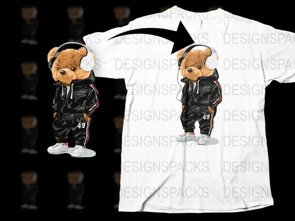 Cute Teddy Bear in Tracksuit with Headphones Png Digital Download