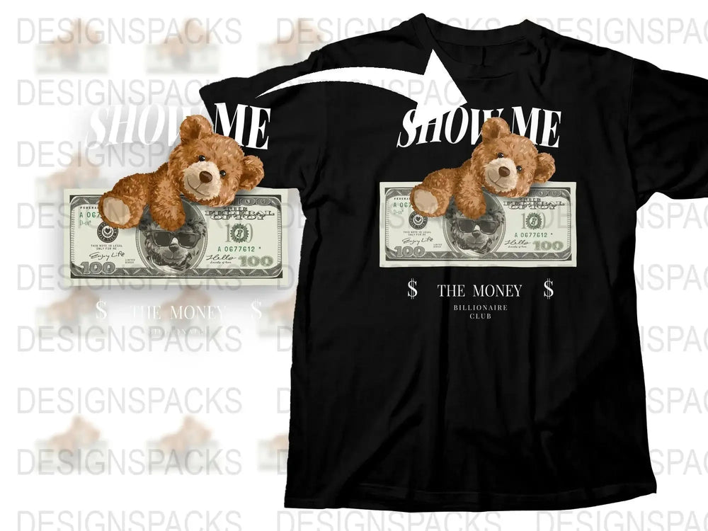 Cute Teddy Bear on 100 Dollar Bill Graphic Png Digital Download