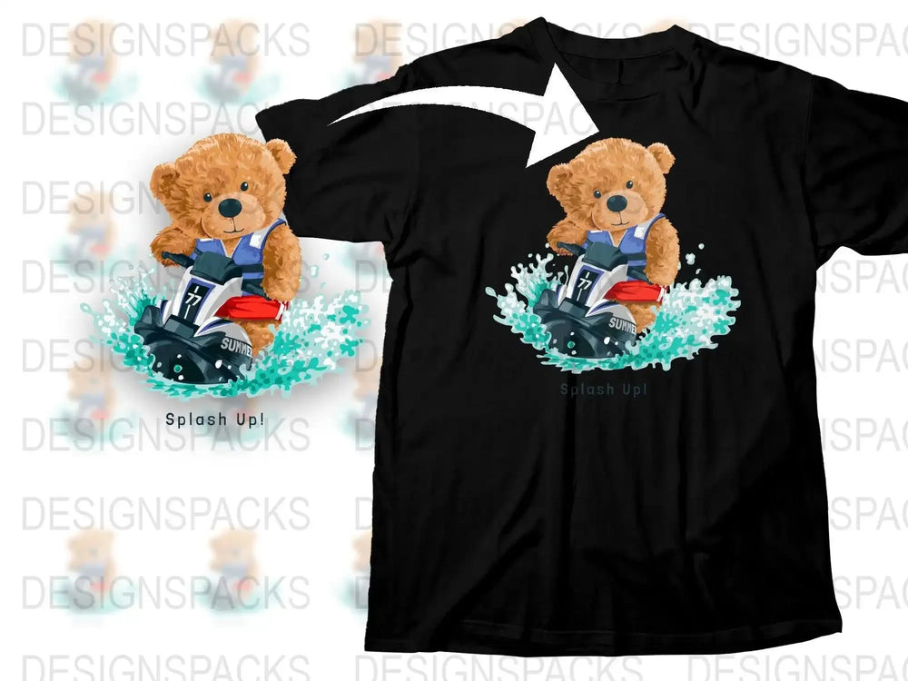 Cute Teddy Bear on Jet Ski Splashes Png Digital Download