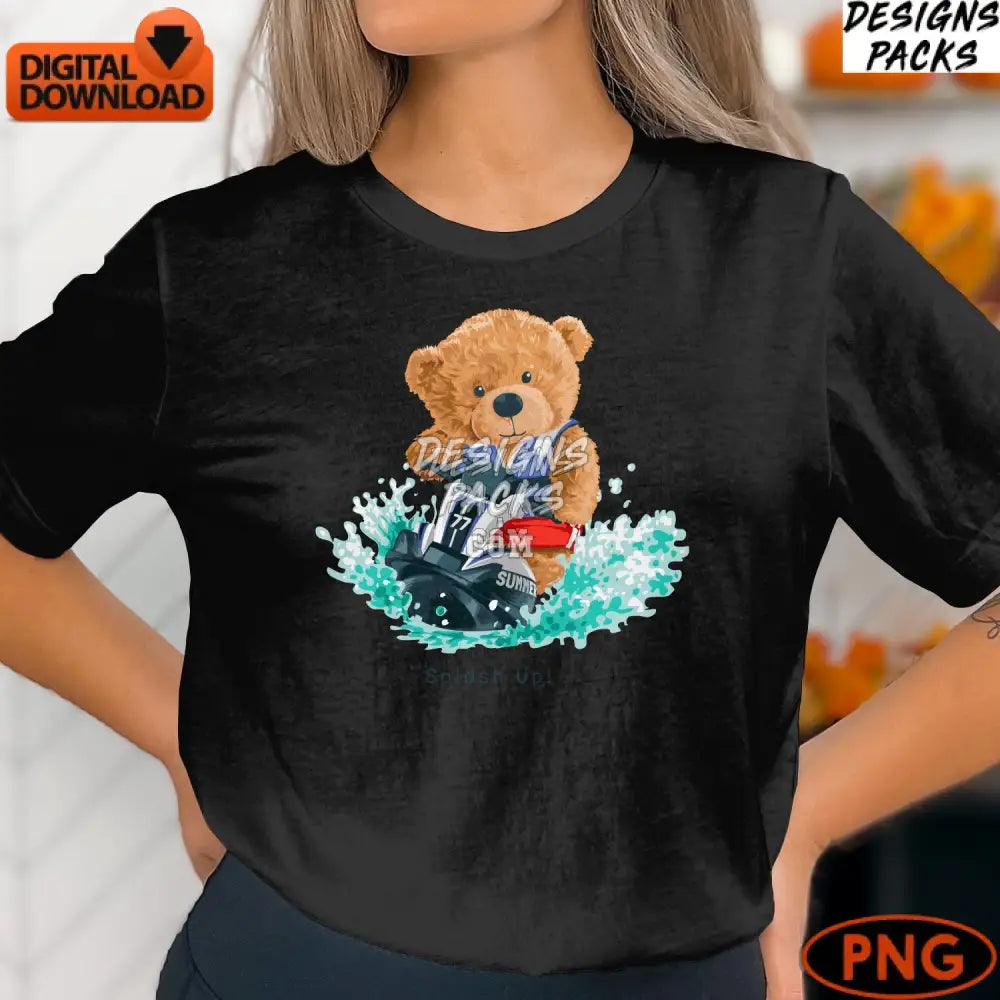 Cute Teddy Bear On Jet Ski Summer Water Splash Digital Png Instant Download Kids Nursery Printable