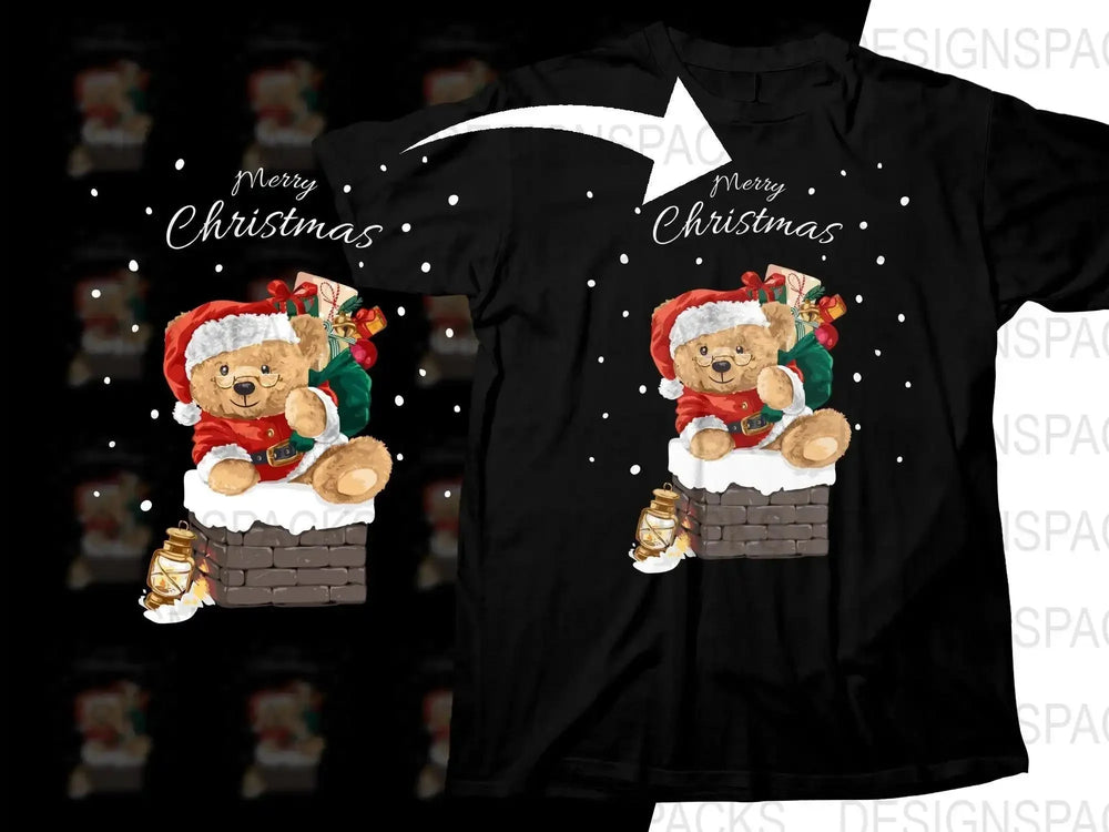 Cute Teddy Bear Santa Claus Christmas Chimney Png Digital Download