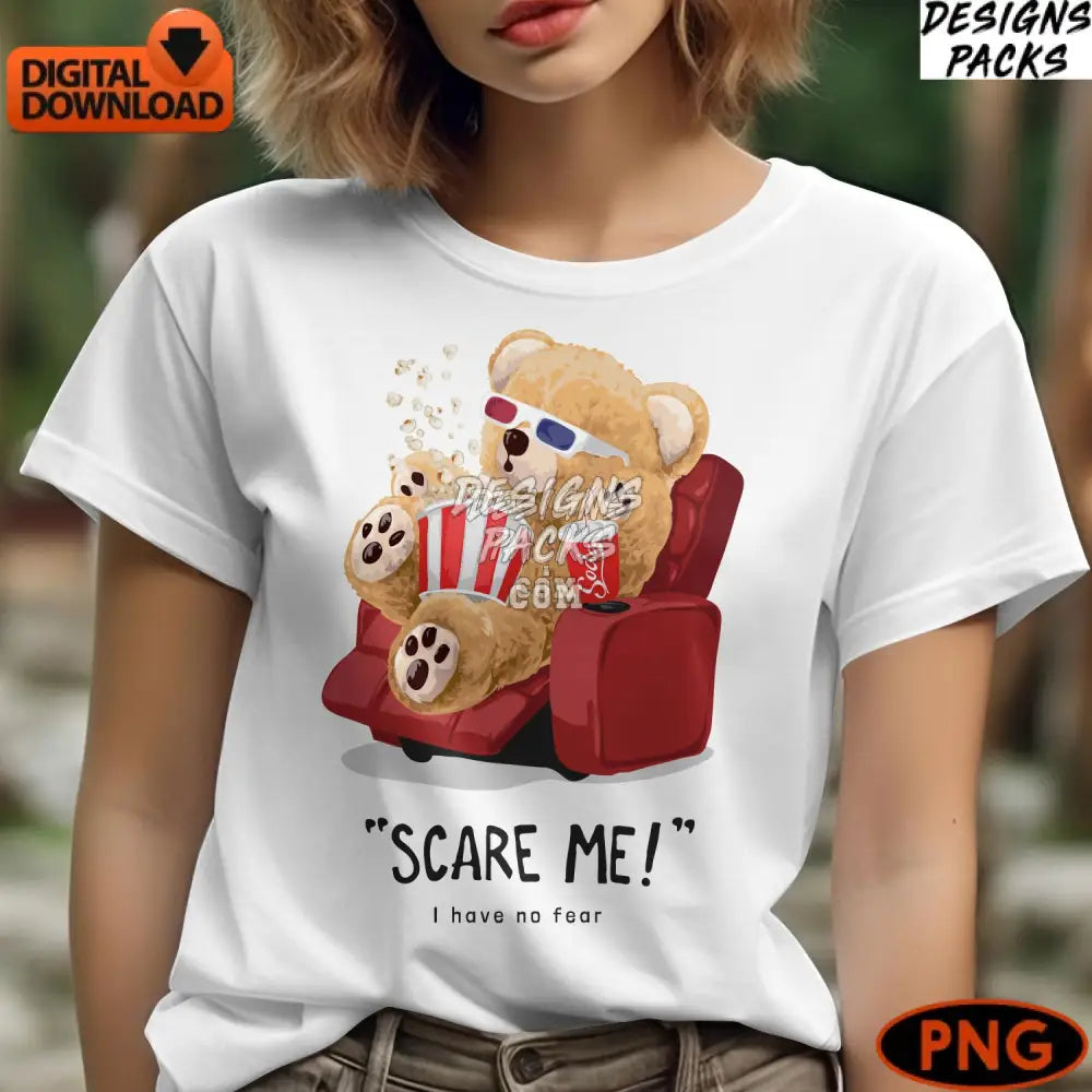 Cute Teddy Bear Watching Movies Digital Art Funny Popcorn Illustration Instant Download Png