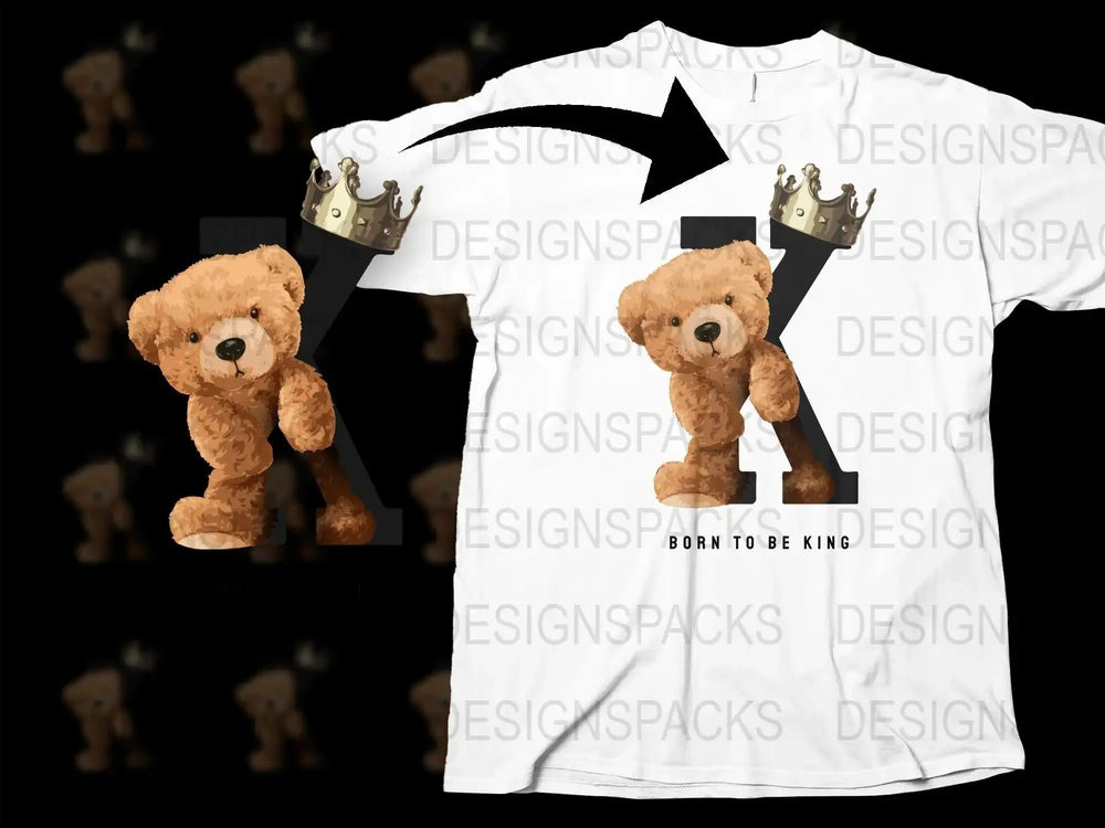 Cute Teddy Bear with Crown K Lettering Png Digital Download