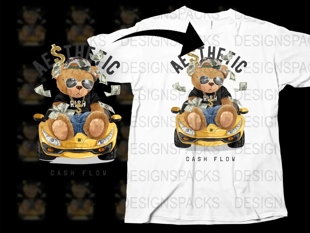 Cute Teddy Bear with Money and Toy Car Png Digital Download