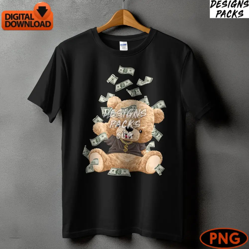 Cute Teddy Bear With Money Digital Png Cash Theme Cartoon Clip Art Instant Download For Crafting