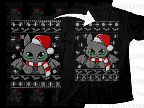Cute Toothless Christmas Santa Hat Ugly Sweater Png Digital Download