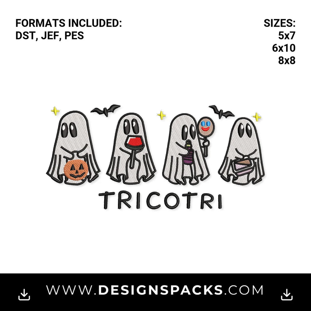 Cute Tricotri Halloween Ghosts Embroidery Design - Instant digital download pattern at Designspacks.com