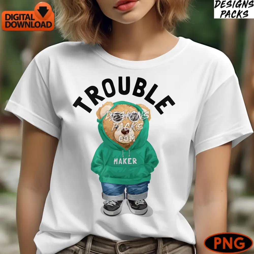 Cute Trouble Maker Bear Digital Art Hipster With Hoodie Kids Instant Download Png