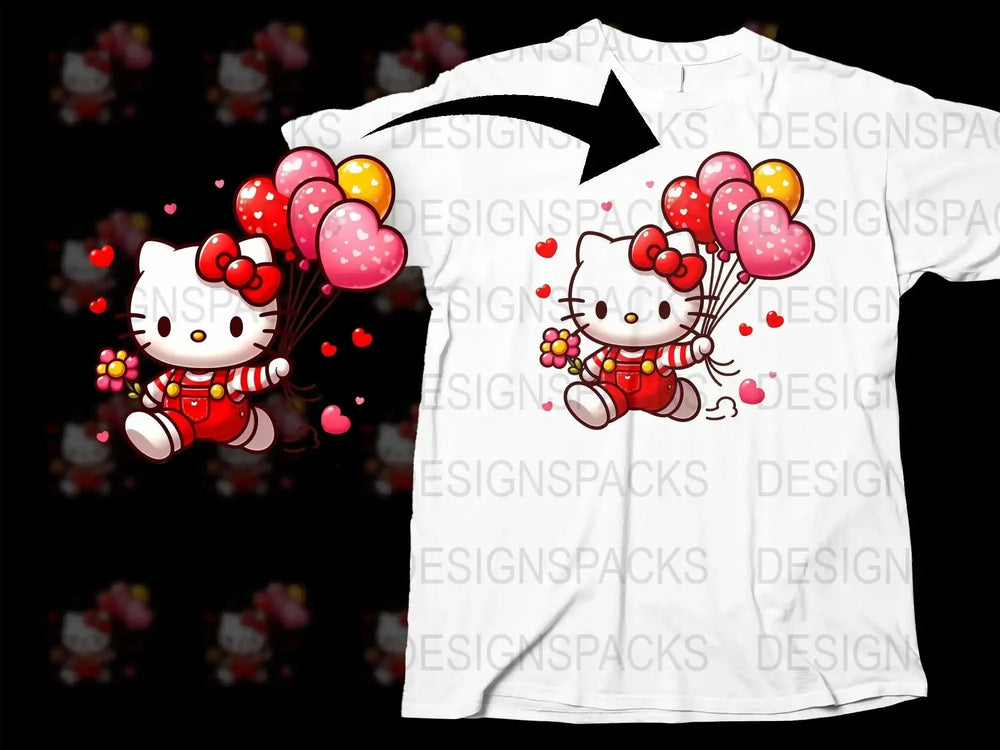 Cute Valentine Hello Kitty with Balloons Png Digital Download