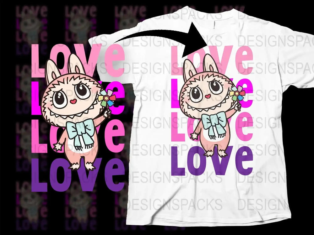 Cute monster holding pinwheel with 'LOVE' text, print-ready design for t-shirts, DTF/DTG, SVG, PNG