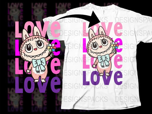 Cute monster holding pinwheel with 'LOVE' text, print-ready design for t-shirts, DTF/DTG, SVG, PNG