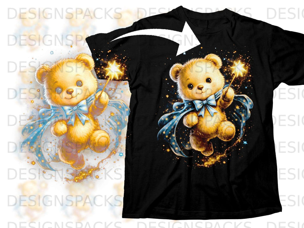 Teddy bear with blue bow holding magic wand, starry cape, on black t-shirt.