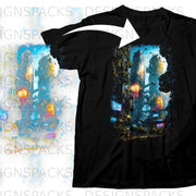 Black t-shirt with a futuristic cityscape graphic featuring tall buildings and glowing lights.