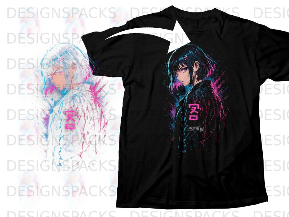 Black t-shirt with anime design of a woman with pink and blue accents and Japanese text.