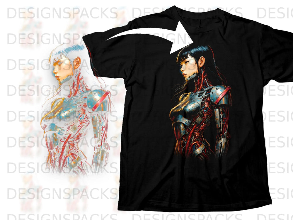 Black t-shirt with a cyberpunk woman graphic on the front.