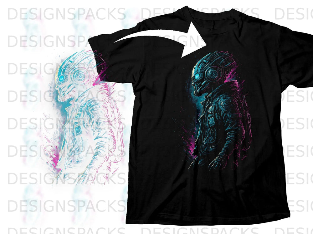 Black t-shirt with cyberpunk robot graphic on the right side.