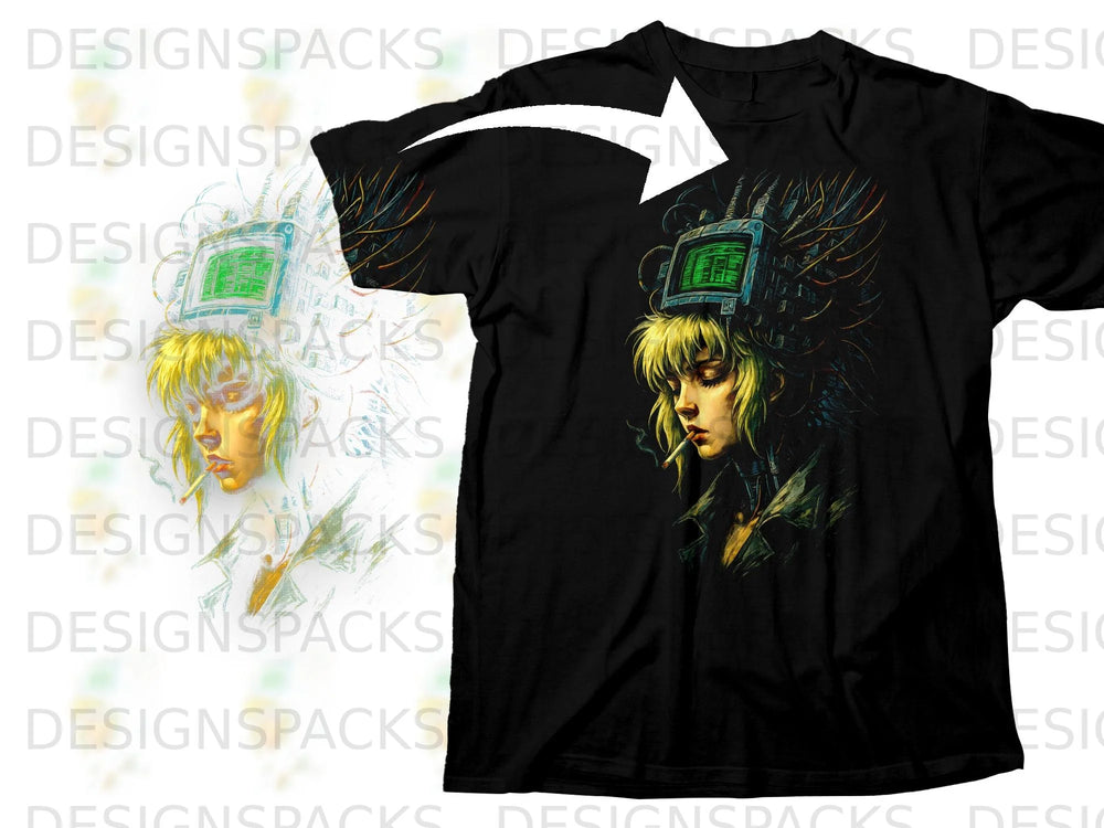 Black t-shirt with graphic of a blonde woman with wires and a screen on her head.