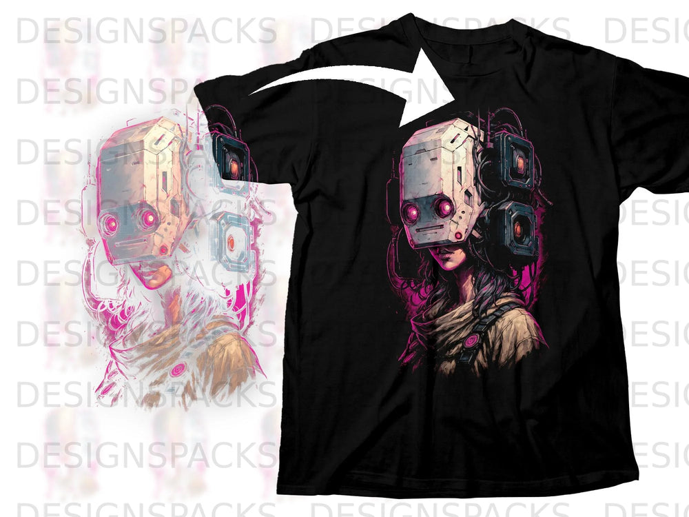 Black t-shirt featuring a cyberpunk character wearing a robotic helmet.