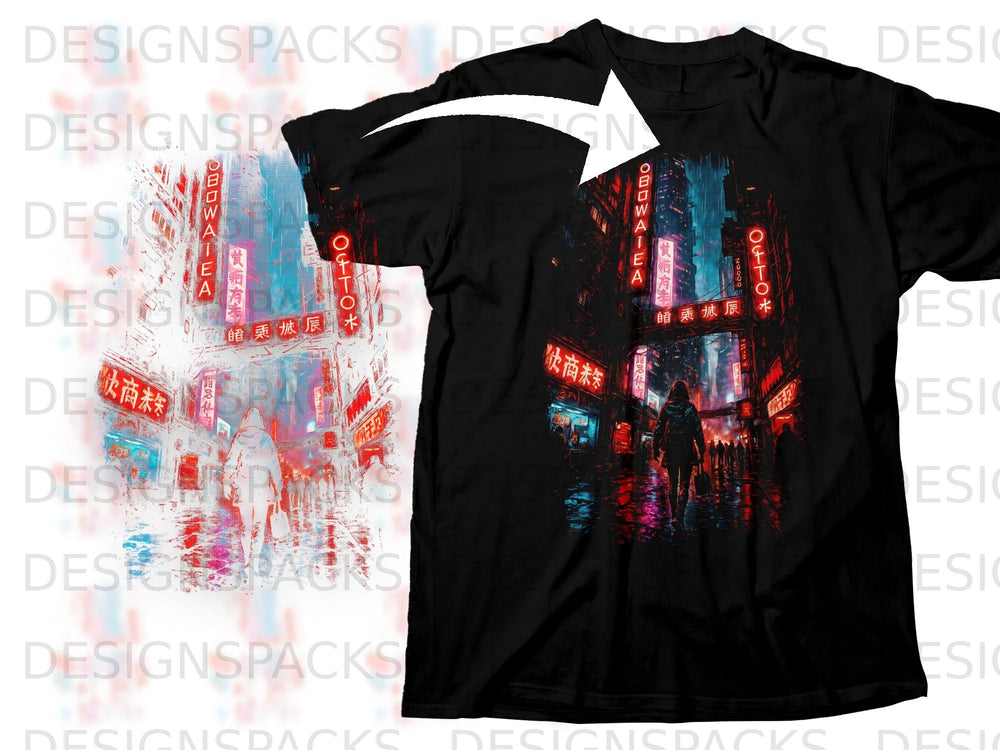 Black t-shirt with a neon-lit cyberpunk city scene and figures.