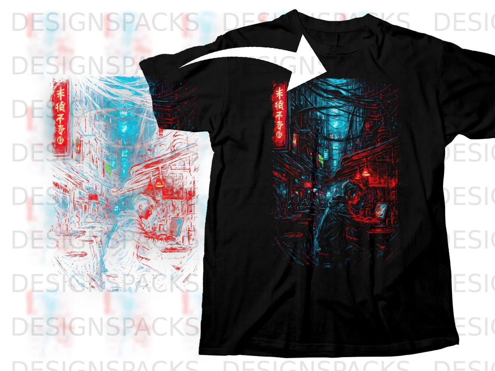 Black t-shirt with cyberpunk city art featuring a person at a computer.