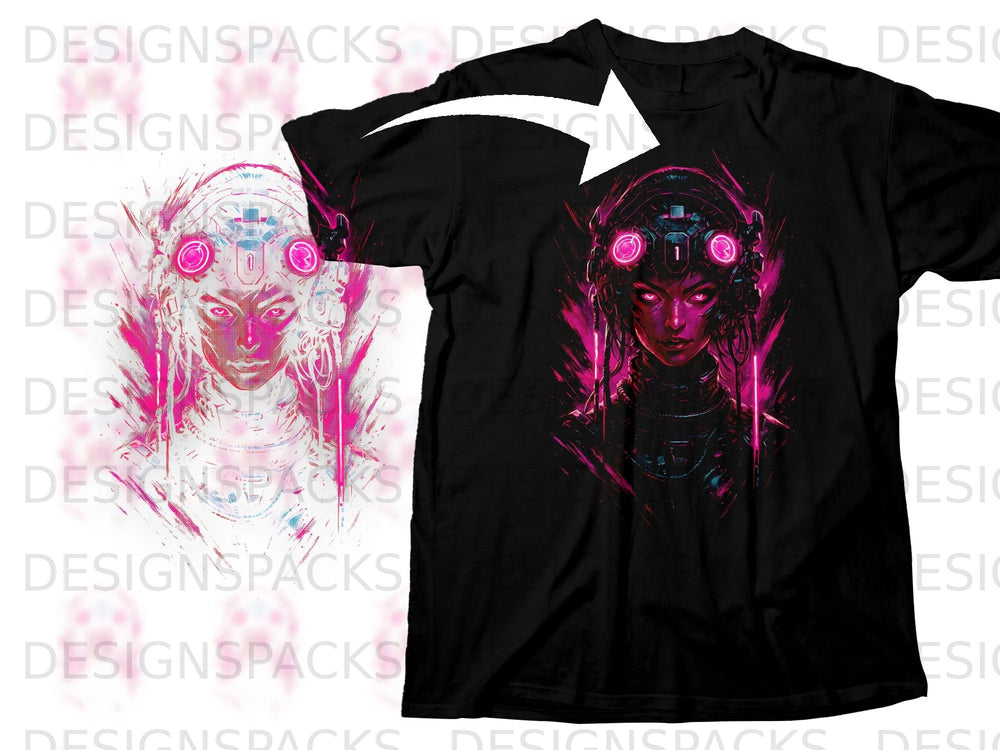 Black t-shirt featuring cyberpunk female portrait with pink and blue neon accents.