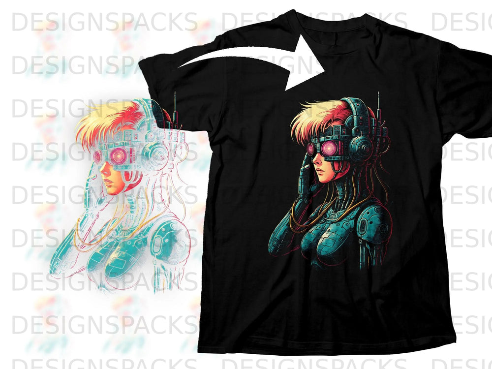Black t-shirt with a cyberpunk woman's head and shoulders design.