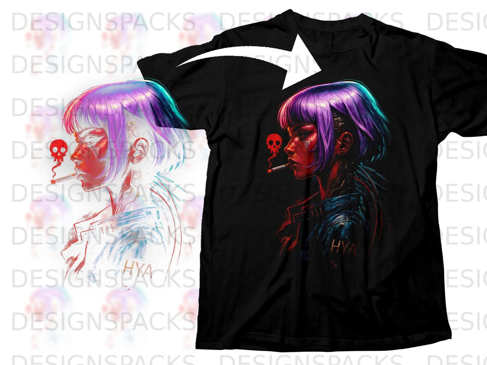 Black t-shirt with cyberpunk woman graphic smoking, "HYA" text visible.