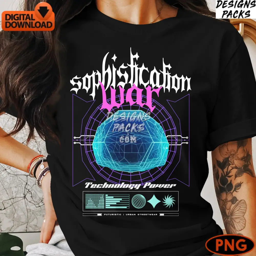 Cyberpunk War Blue Crystal Ball Digital Art Futuristic Neon Graphic Instant Download Png