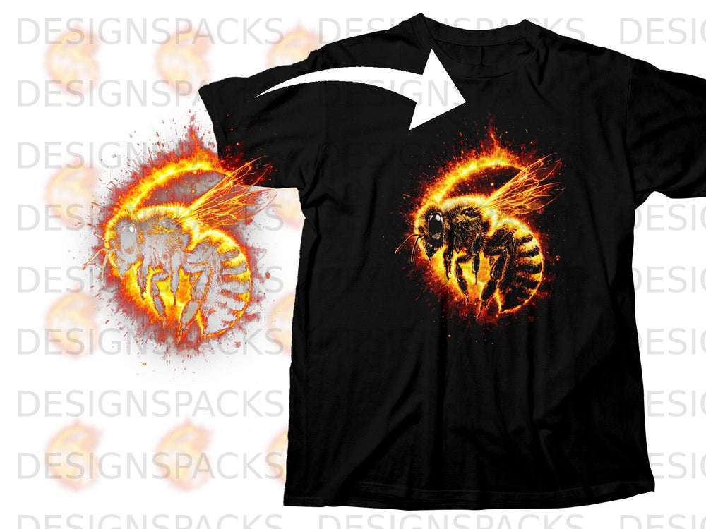 Black t-shirt with a fiery bee graphic design on the front.