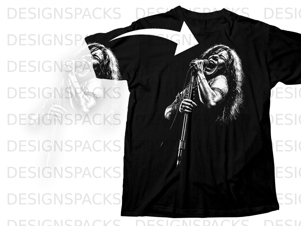 Black t-shirt with a black and white graphic of Janis Joplin singing into a microphone.