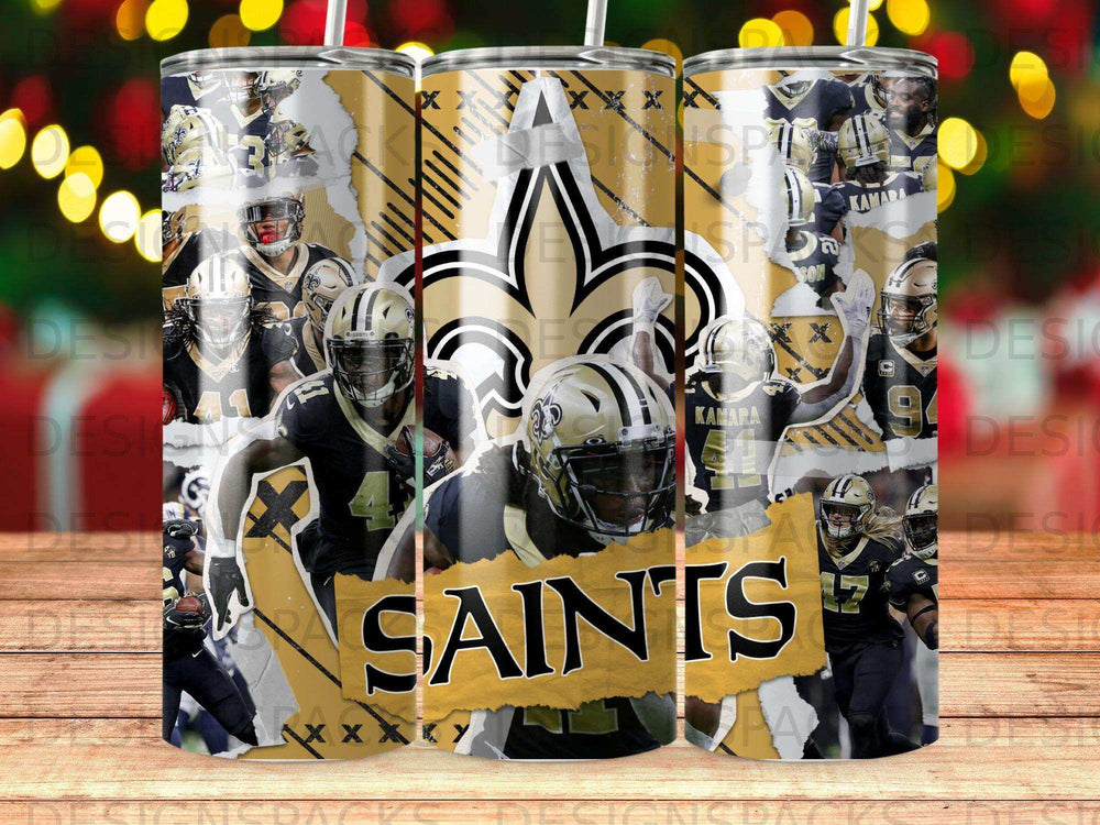 New Orleans Saints collage with "SAINTS" text and player images.