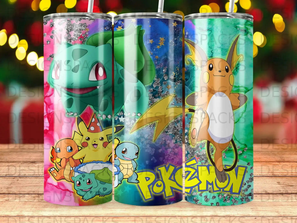 Three Pokémon themed tumblers featuring Pikachu, Bulbasaur, Squirtle, and Charmander.