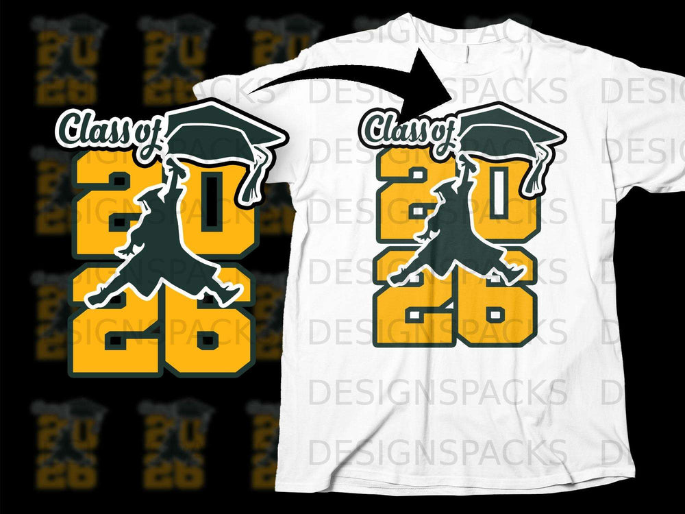 "Class of 2026" graphic with graduation cap and silhouette on a white t-shirt.