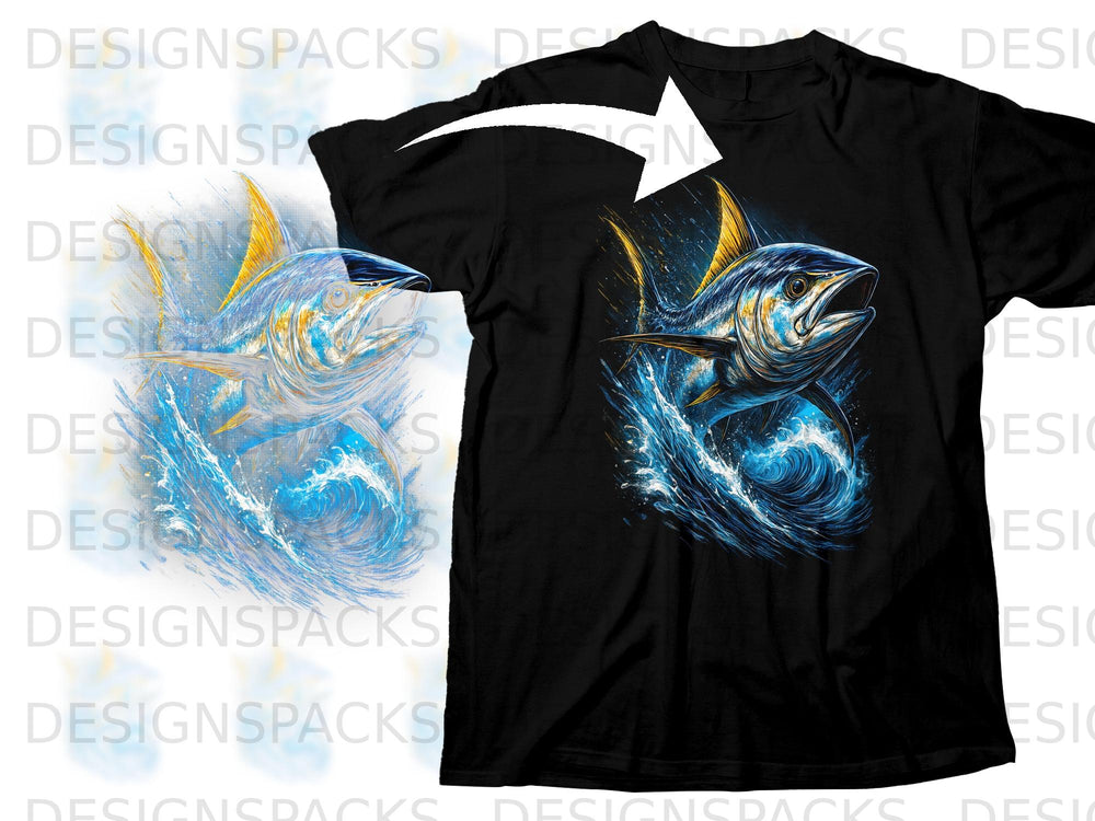 Black t-shirt featuring a striking tuna jumping through blue waves with yellow accents.